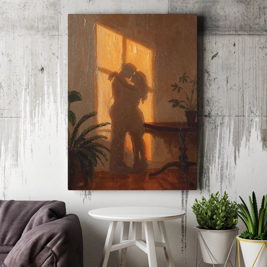 Romantic Couple Silhouette Wall Art | Golden Hour Window View | Premium Gallery Wrap Canvas | Anniversary Gift for Couples Home Decor