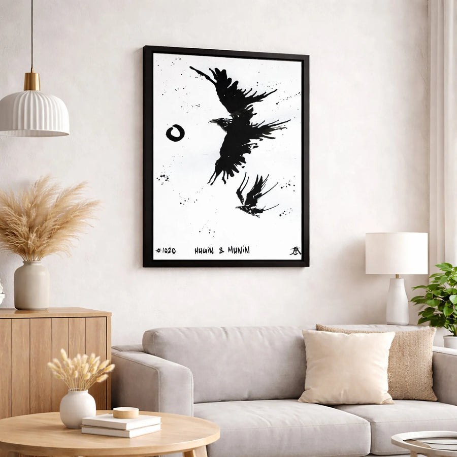 Hugin and Munin Canvas Print | Odin’s Ravens Japanese Ink Wash Style | Premium 1.25-inch Gallery Wrapped Art | Norse Mythology Wall Decor Gift