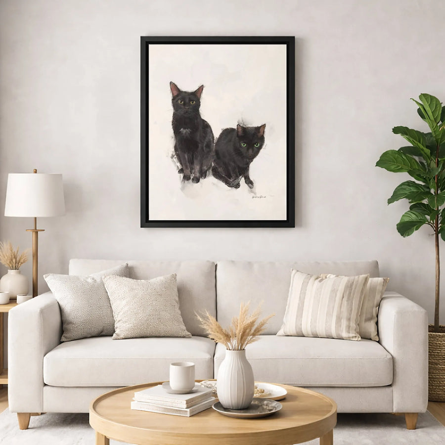 Two Black Cats Watercolor Canvas Art | Elegant Feline Portrait Wall Decor | Premium 1.25" Gallery Wrap | Gift for Cat Lovers