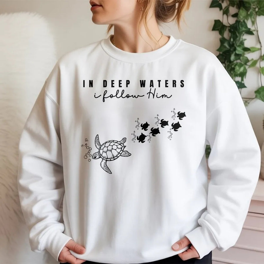 Coastal Christian Turtle Sweatshirt | 'In Deep Waters' Scripture Quote | Premium Cotton Blend | Faith Based Beach Gift for Women