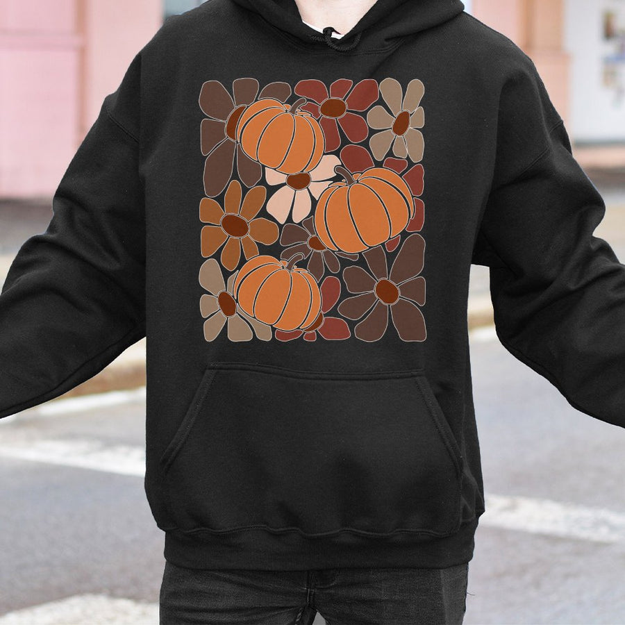 Boho Pumpkin Hoodie | Retro Floral Fall Graphic Print | Premium Cotton-Poly Blend | Cozy Thanksgiving Aesthetic Gift For Women