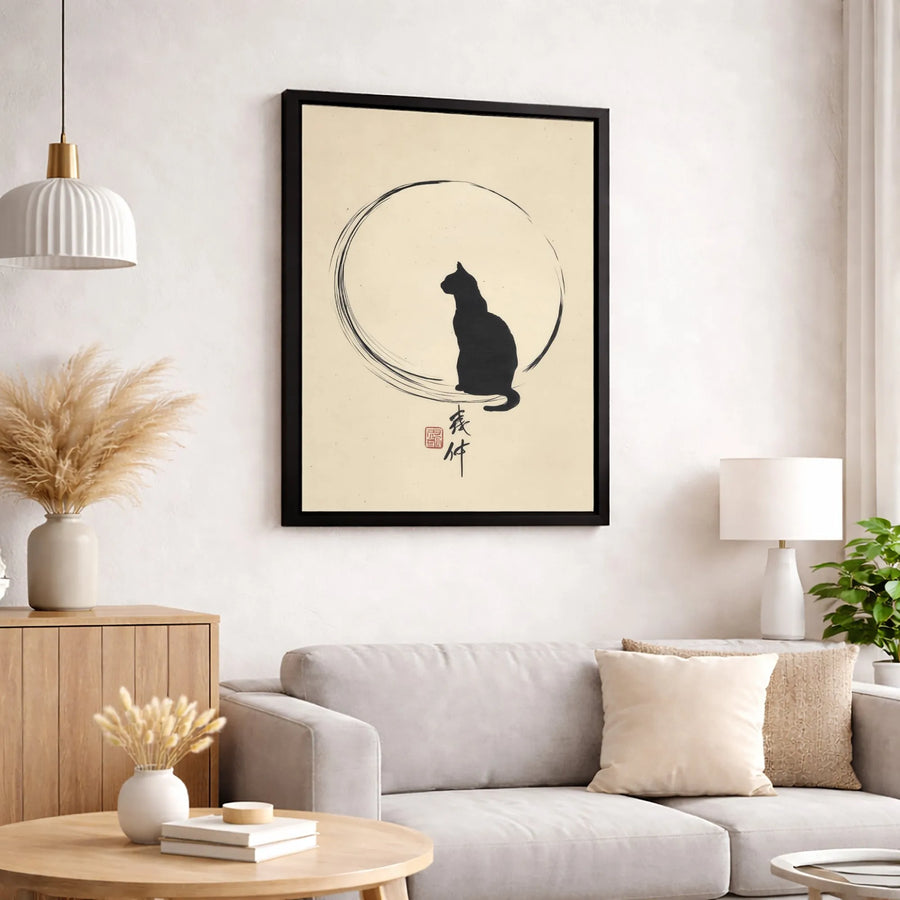 Japanese Zen Cat Wall Art | Minimalist Enso Circle Silhouette Print | Premium Gallery Wrapped Canvas | Elegant Home Decor Gift for Cat Lovers