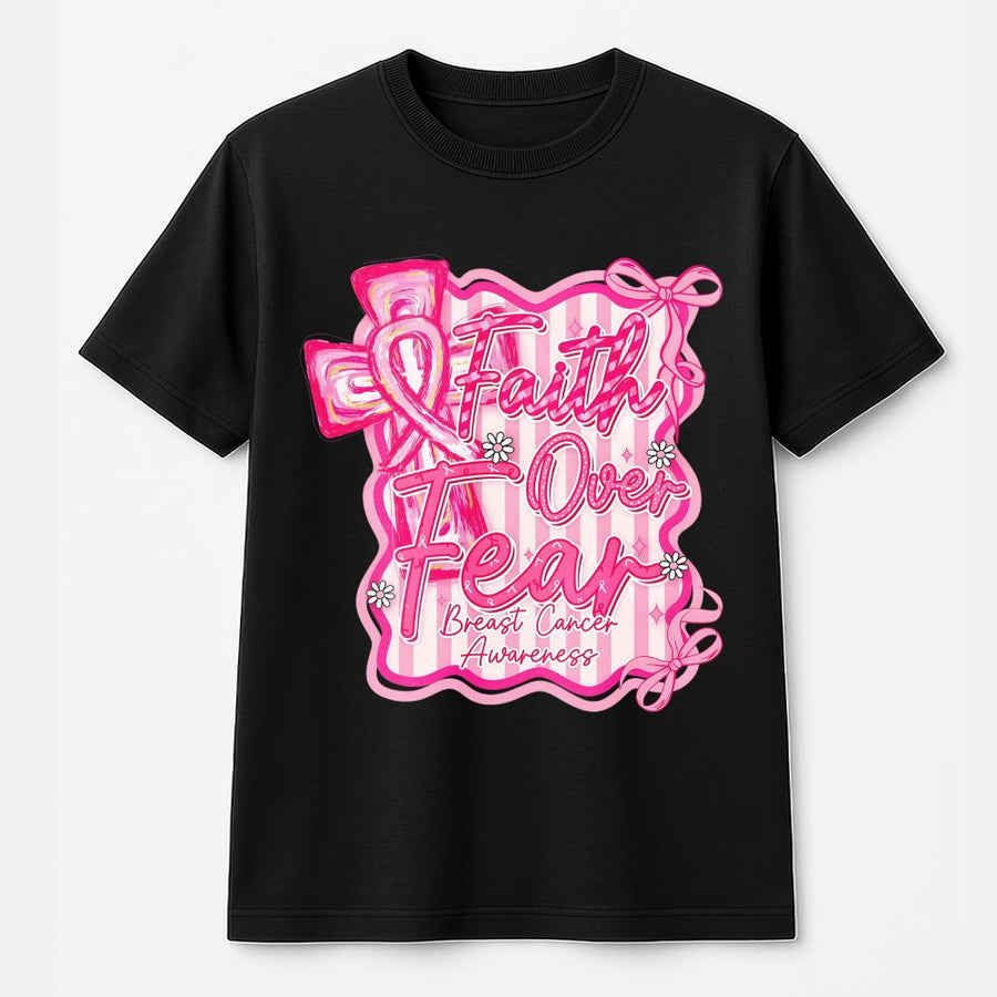 Breast Cancer Awareness T-Shirt | Faith Over Fear Coquette Pink Ribbon Design | 100% Cotton Premium Tee | Supportive Gift for Survivors & Fighters