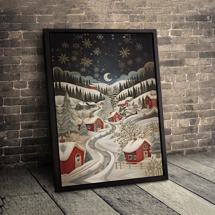 Winter Village Canvas Wall Art | Snowy Night Red House Landscape | Premium Gallery-Wrapped Print | Christmas Home Decor Gift for Holidays