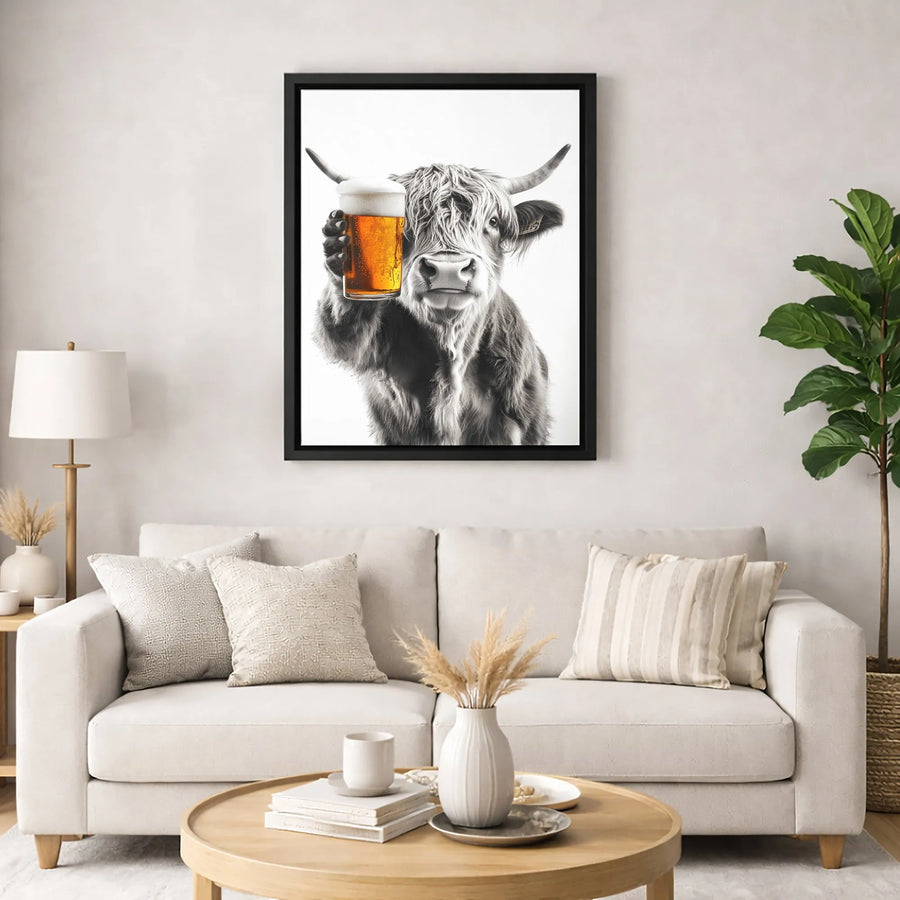 Highland Cow Canvas Print | Funny Beer Drinking Animal Wall Art | Premium 1.25-Inch Thick Gallery Wrap | Unique Pub Decor Gift for Men