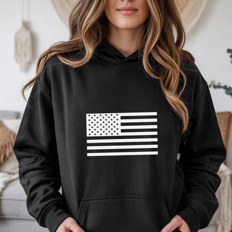 American Flag Hoodie | Minimalist Black & White US Flag Graphic | Premium Cotton-Poly Blend | Patriotic Gift for Men and Women