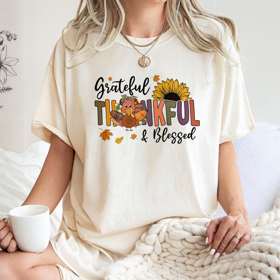 Grateful Thankful Blessed T-Shirt | Fall Sunflower Turkey Graphic | Premium 100% Cotton | Thanksgiving Gift for Women & Family