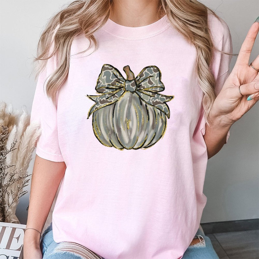 Camo Pumpkin T-Shirt | Western Coquette Bow Fall Graphic | 100% Cotton Premium Tee | Trendy Thanksgiving Gift for Her