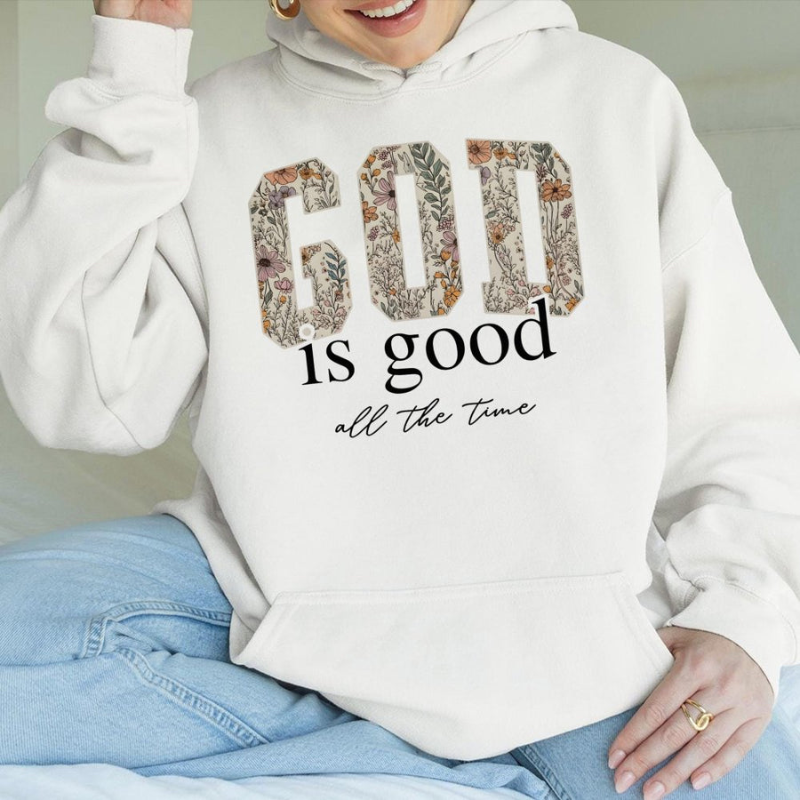 God Is Good Hoodie | Floral Varsity Letter Faith Design | Premium Cotton Blend | Inspirational Christian Gift for Women and Men