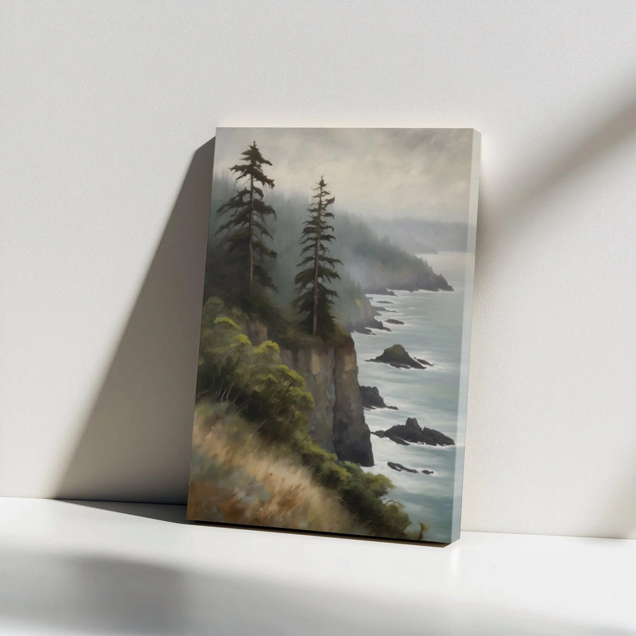 Pacific Northwest Canvas Print | Moody Forest Seascape Oil Painting Style | Premium Gallery Wrapped Art | Living Room & Cabin Decor