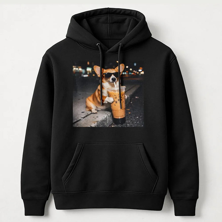 Funny Corgi Hoodie | Dog with Sunglasses Drinking Iced Coffee | Soft Cotton Blend | Gift for Dog Lover & Corgi Mom