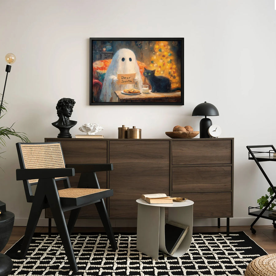 Ghost Christmas Canvas Print | Whimsical Black Cat Dear Santa Oil Painting | Gallery-Wrapped Premium Wall Art | Festive Holiday Decor Gift