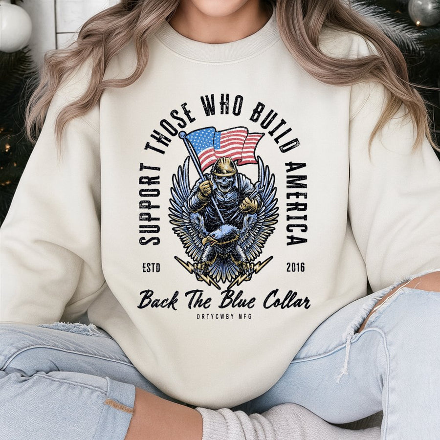 Blue Collar Worker Sweatshirt | American Flag Eagle Graphic | Premium Cotton Blend | Patriotic Gift for Construction Workers and Tradesmen
