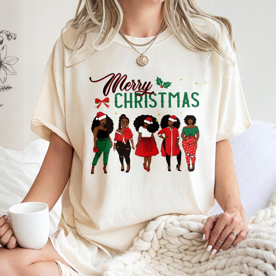 Merry Christmas Black Queen T-Shirt | African American Sisters Santa Design | 100% Cotton Premium Apparel | Melanin Holiday Gift for Women