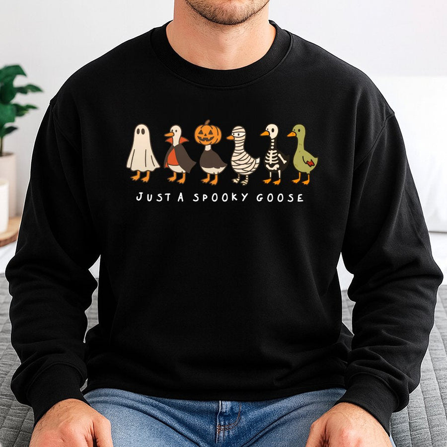 Spooky Goose Halloween Sweatshirt | Funny Duck Costume Graphic Print | Premium Cotton Blend Crewneck | Cute Fall Gift for Women and Men