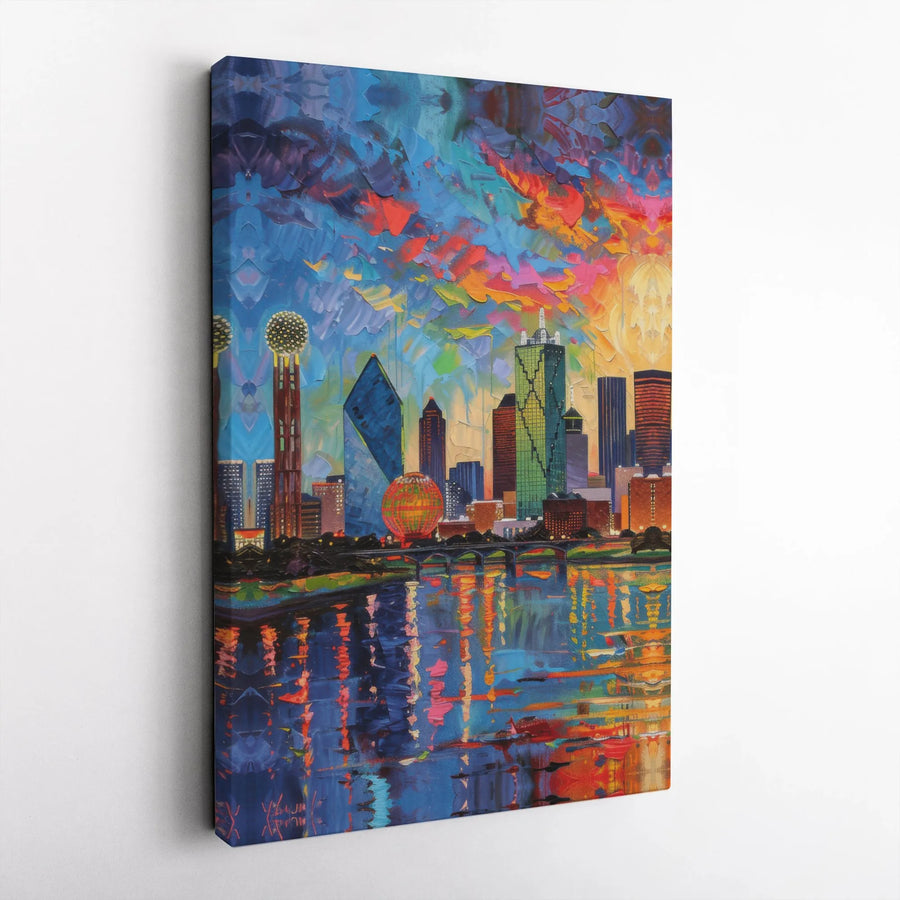 Dallas Texas Skyline Wall Art | Colorful Impasto Reunion Tower Canvas | 1.25" Premium Gallery Wrapped Print | Modern Cityscape Home Decor Gift