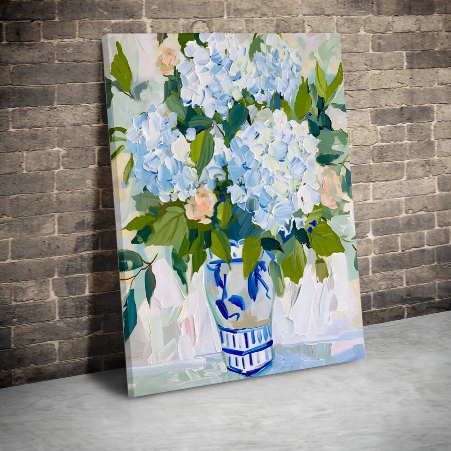 Blue Hydrangea Vertical Canvas | Impasto Floral Painting Print in Chinoiserie Vase | Premium Gallery Wrapped Canvas | Grandmillennial Home Decor Gift