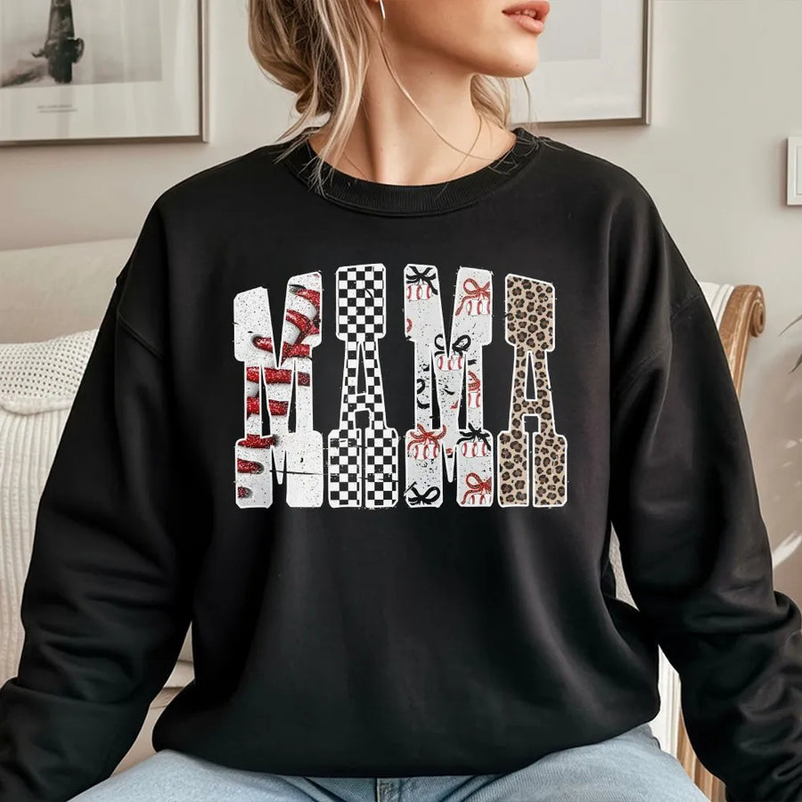 Baseball Mama Sweatshirt | Retro Leopard Checkerboard Bow Design | Premium Cotton Blend | Gift for Sports Mom and Game Day Apparel
