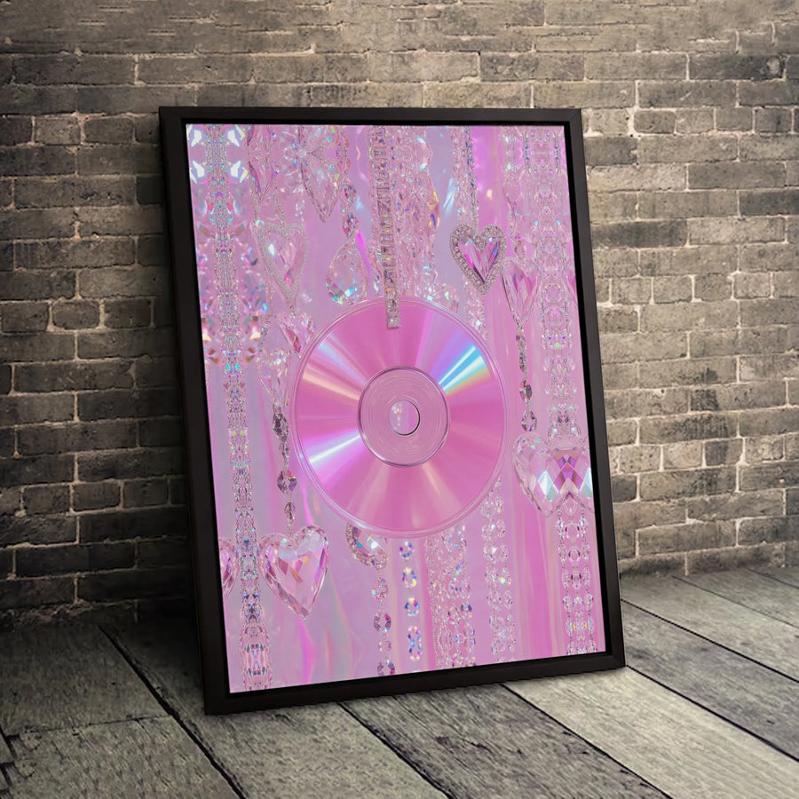 Pink CD Wall Art | Y2K Aesthetic Hanging Crystal Hearts | Premium Gallery-Wrap Canvas | Aesthetic Room Decor for Bedroom