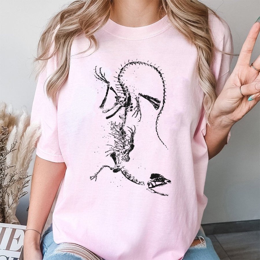Dinosaur Skeleton Graphic T-Shirt | Distressed Fossil Illustration | Premium Soft Cotton | Paleontology Gift for Science Lovers and Fossil Collectors