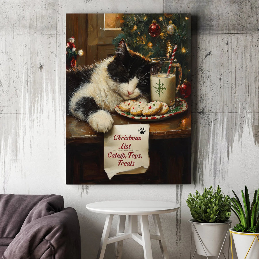 Christmas Cat Sleeping Canvas Art | Whimsical Holiday Painting Print | 1.25-Inch Premium Gallery Wrap | Festive Gift for Cat Lovers