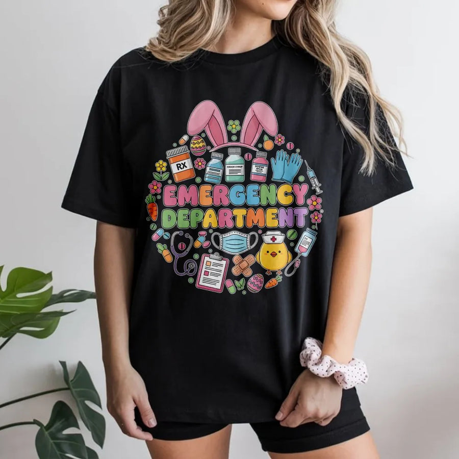 Emergency Department Easter T-Shirt | Cute Medical Bunny Ear Graphic | 100% Cotton Premium Tee | Gift for ER Nurse, Doctor, Healthcare Worker