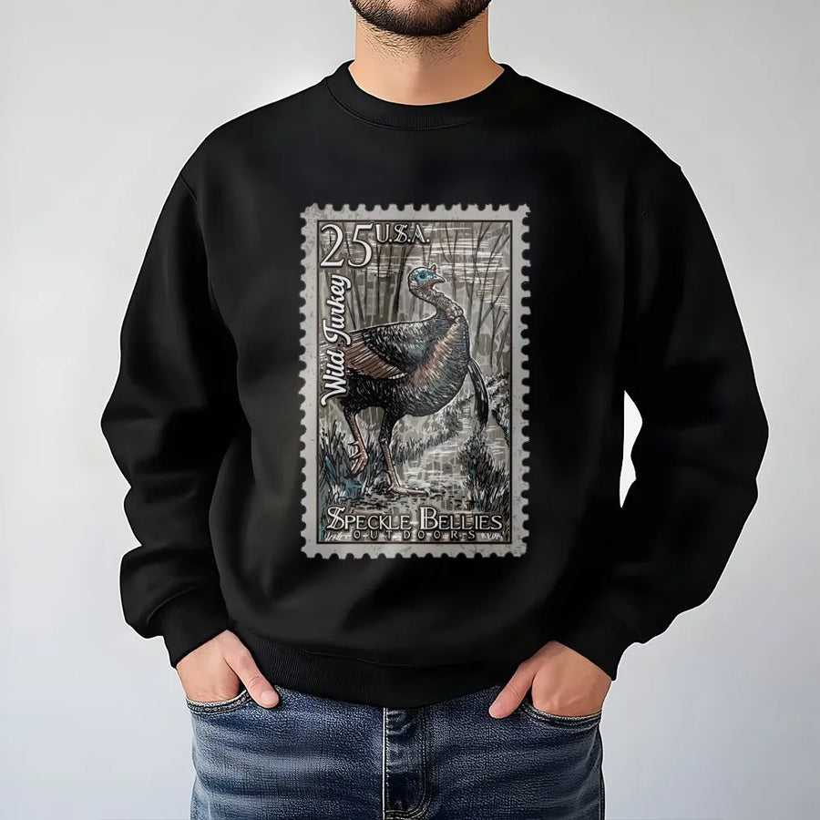 Wild Turkey Hunting Sweatshirt | Vintage Postage Stamp Graphic Design | Premium Cotton Blend | Gift for Outdoorsmen and Bird Hunters