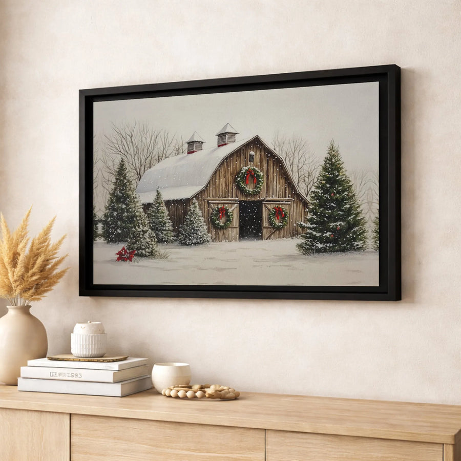 Snowy Christmas Barn Canvas Wall Art | Rustic Winter Farmhouse Decor | Premium Gallery Wrap Print | Festive Holiday Home Gift