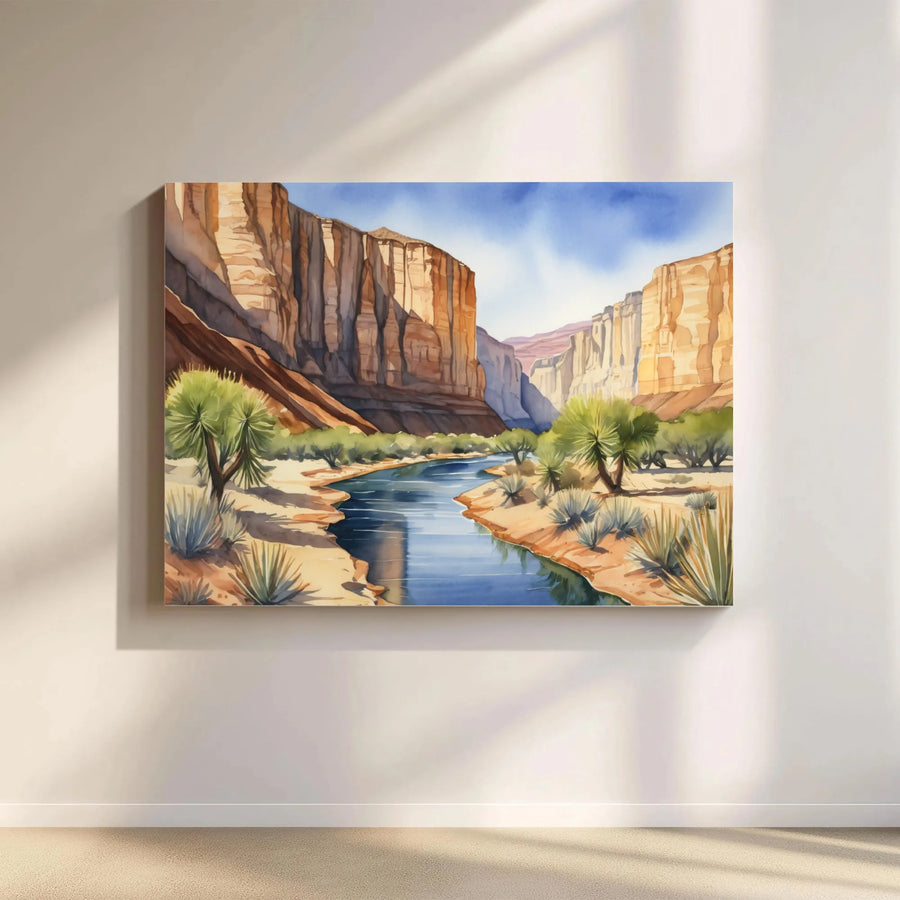 Desert Canyon Watercolor Horizontal Canvas | Southwest River Landscape Wall Art | Premium 1.25 Inch Gallery Wrap | Peaceful Nature Lover Gift