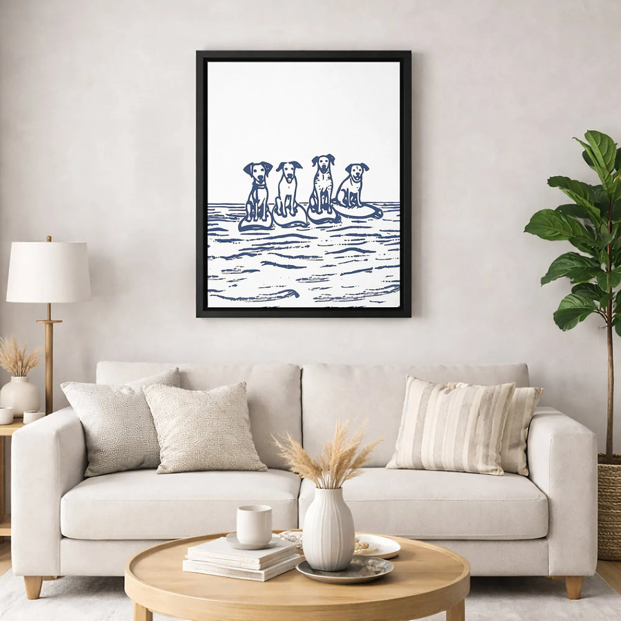 Dog Surfing Canvas Wall Art | Navy Blue Block Print Ocean Decor | Premium Fade-Resistant Gallery Wrap | Coastal Home Office Gift