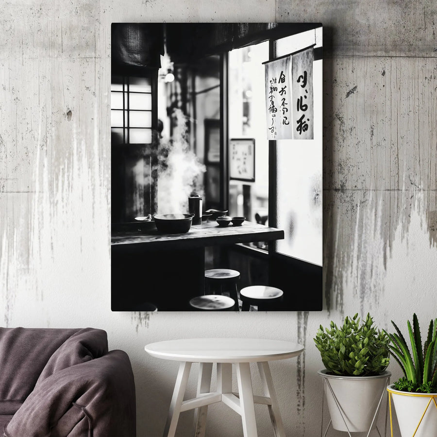 Japanese Ramen Shop Canvas Wall Art | Monochrome Street Food Photography | Premium Gallery-Wrapped 1.25" Profile | Aesthetic Kitchen & Dining Decor