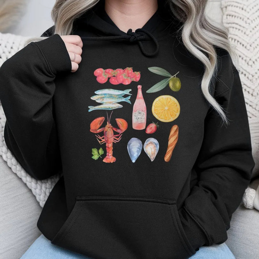Mediterranean Food Graphic Hoodie | Watercolor Seafood & Wine Print | Premium Soft Cotton | Coastal Summer Unisex Foodie Gift