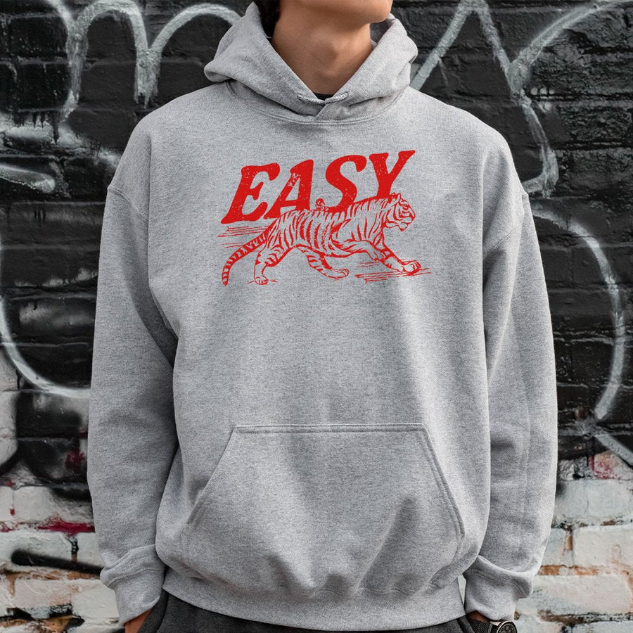 Easy Tiger Graphic Hoodie | Retro Distressed Animal Print | Premium Cotton-Poly Blend | Unisex Casual Pullover Gift for Animal Lovers