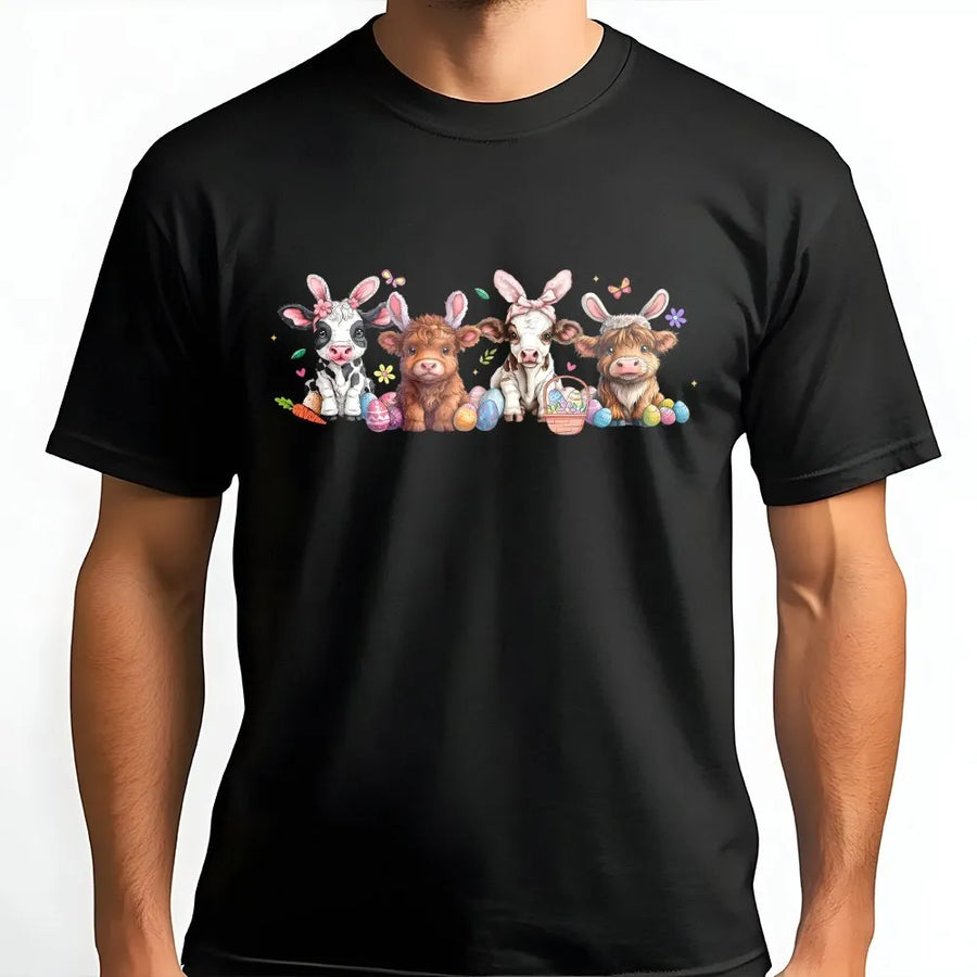 Easter Highland Cow T-Shirt | Cute Farm Animals With Bunny Ears Graphic | Premium Soft Cotton | Spring Holiday Gift For Her