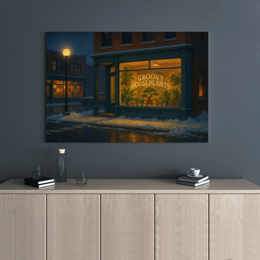 Groovy Houseplants Canvas Print | Snowy Night Shop Window Decor | Gallery Wrap Premium Wall Art | Cozy Botanical Gift For Plant Lovers