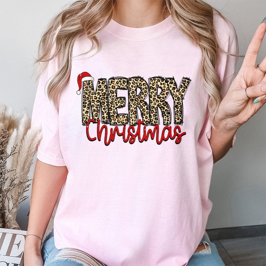 Merry Christmas T-Shirt | Leopard Print Graphic Holiday Tee | Premium 100% Cotton Soft Shirt | Festive Gift for Women & Men