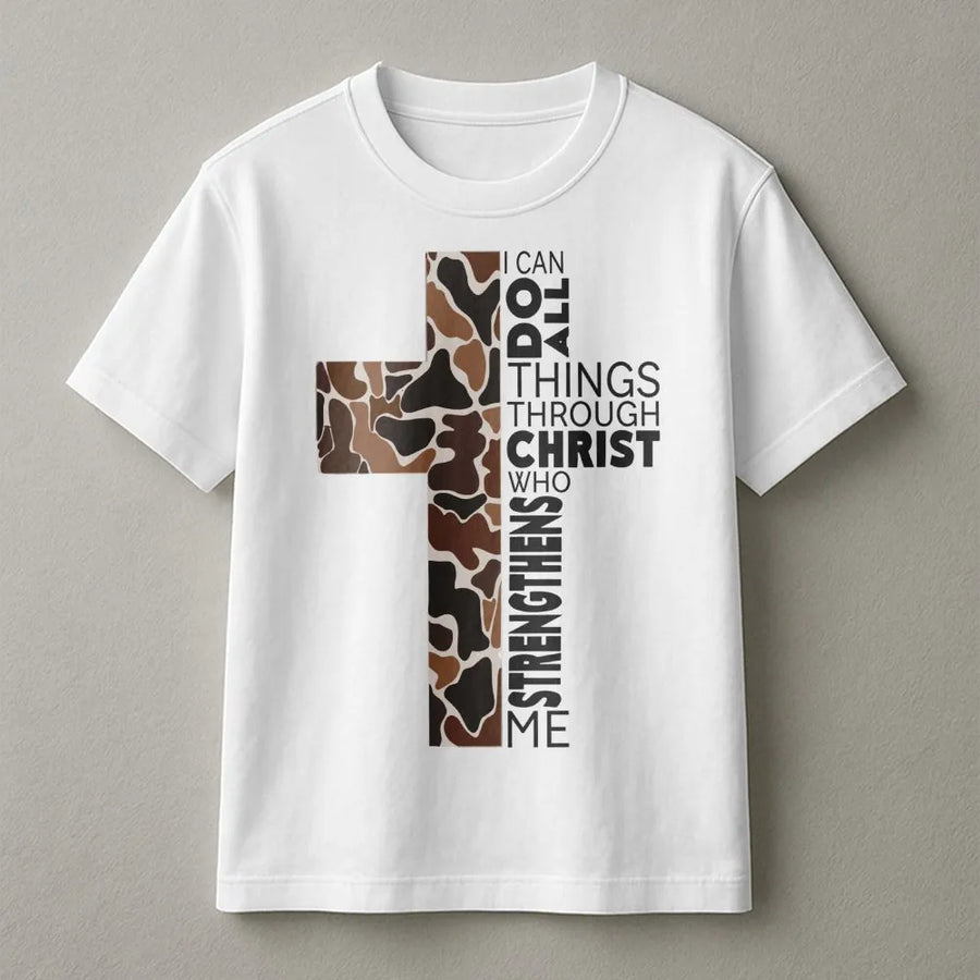 Camo Cross T-Shirt | I Can Do All Things Through Christ Verse | Premium Soft Cotton Bible Quote Tee | Christian Faith Gift for Men and Women