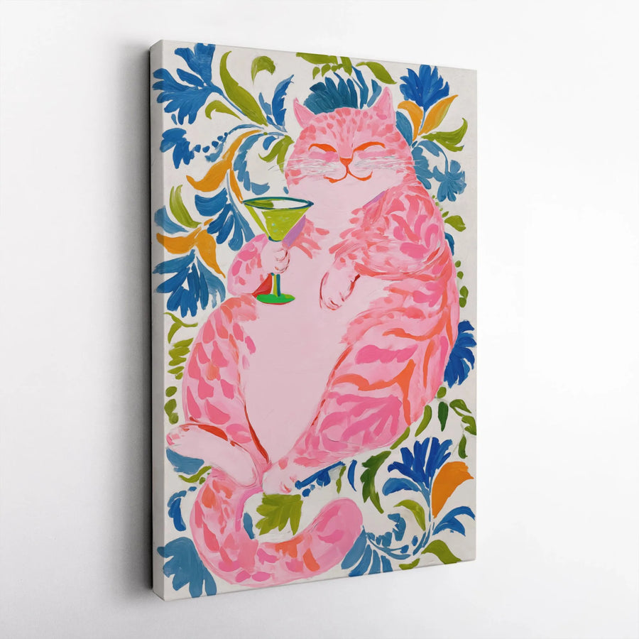 Pink Cat Martini Canvas Print | Whimsical Floral Art Decor | Premium Fade-Resistant Gallery Wrap | Fun Alcohol Cocktail Wall Art Gift for Cat Lovers