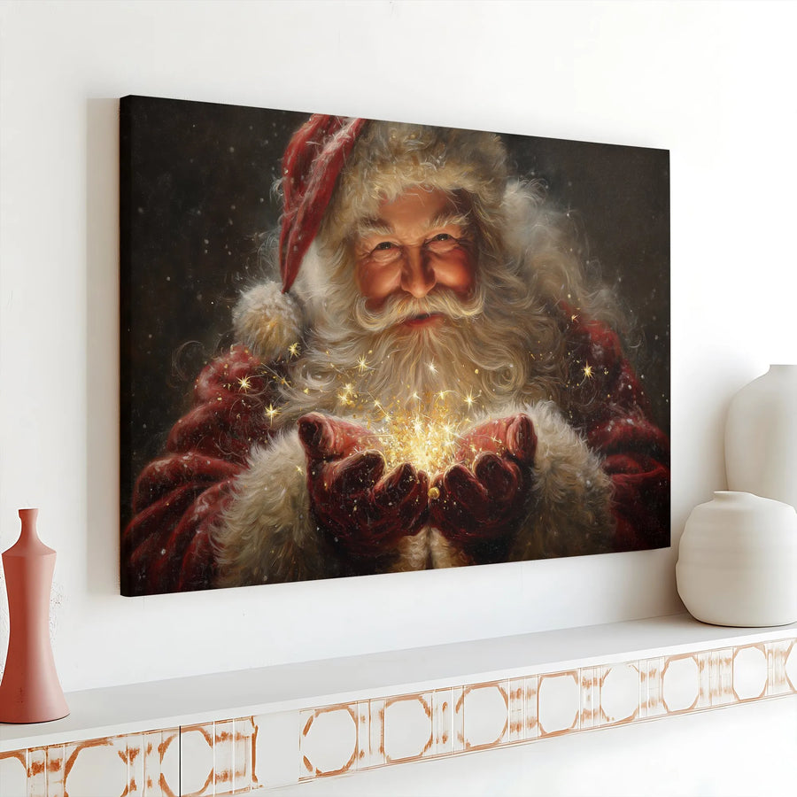 Santa Claus Canvas Wall Art | Magical Sparkling Christmas Portrait | Gallery Wrapped Premium Decor | Holiday Gift for Living Room