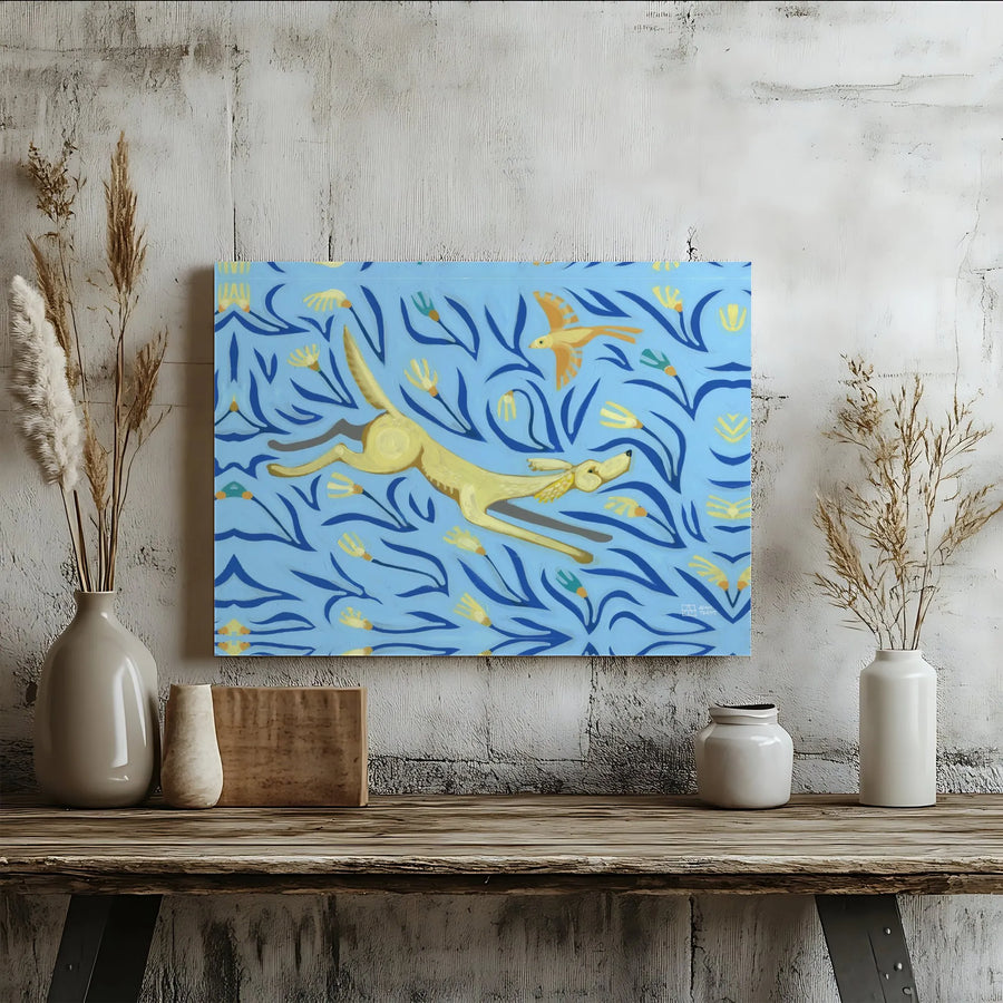 Golden Retriever Canvas Wall Art | Joyful Folk Art Dog and Bird Print | Premium Gallery Wrap Canvas | Modern Nursery Decor Gift for Dog Lovers