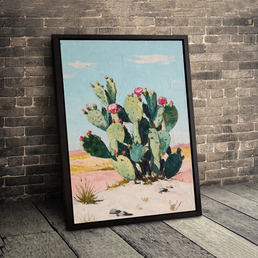 Prickly Pear Cactus Canvas Wall Art | Desert Landscape Impasto Oil Painting Print | Premium Gallery Wrapped Decor | Botanical Southwestern Gift