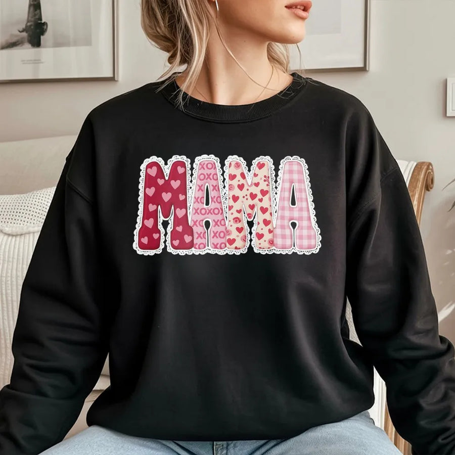 Mama Valentine Sweatshirt | Pink Heart Pattern & Gingham Graphic | Premium Cotton Blend | Gift for New Mom, Wife, or Girlfriend