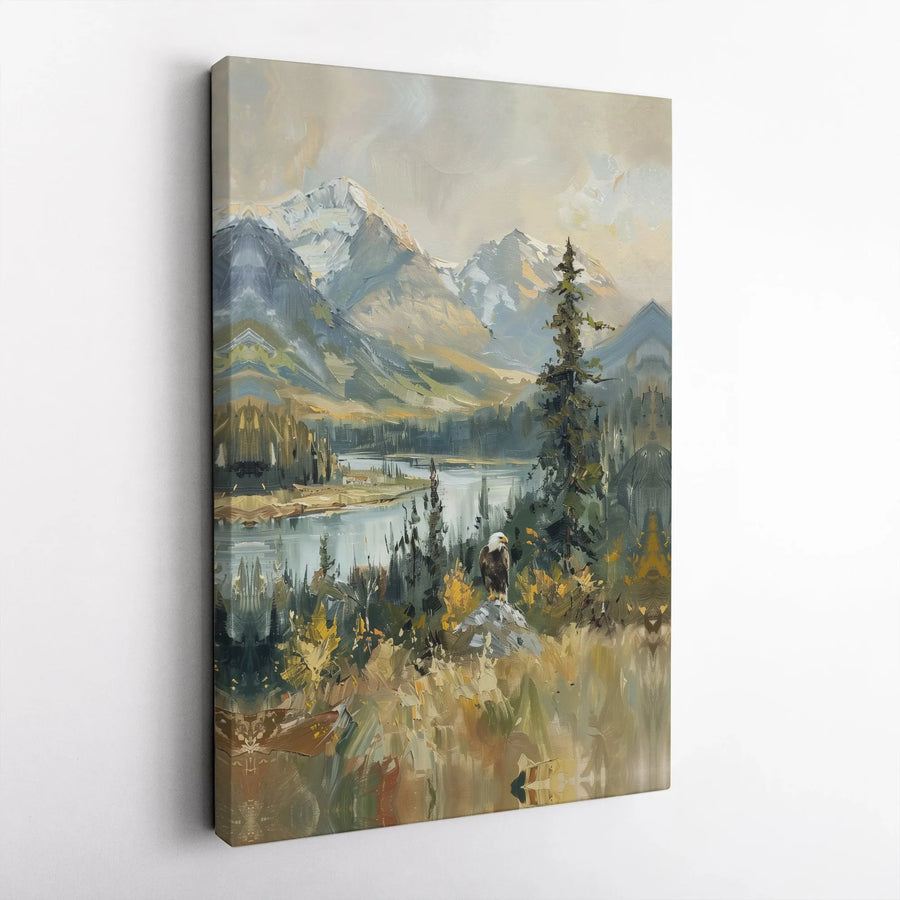 Mountain Eagle Canvas Wall Art | Rustic Landscape Painting Style Print | Premium 1.25" Thick Canvas | Gift for Nature Lover, Cabin Decor