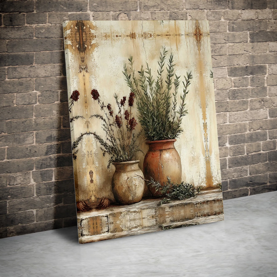 Rustic Herb Canvas Wall Art | Vintage Terracotta Pots Still Life | Premium Gallery Wrapped Canvas | Farmhouse Kitchen and Dining Room Decor Gift