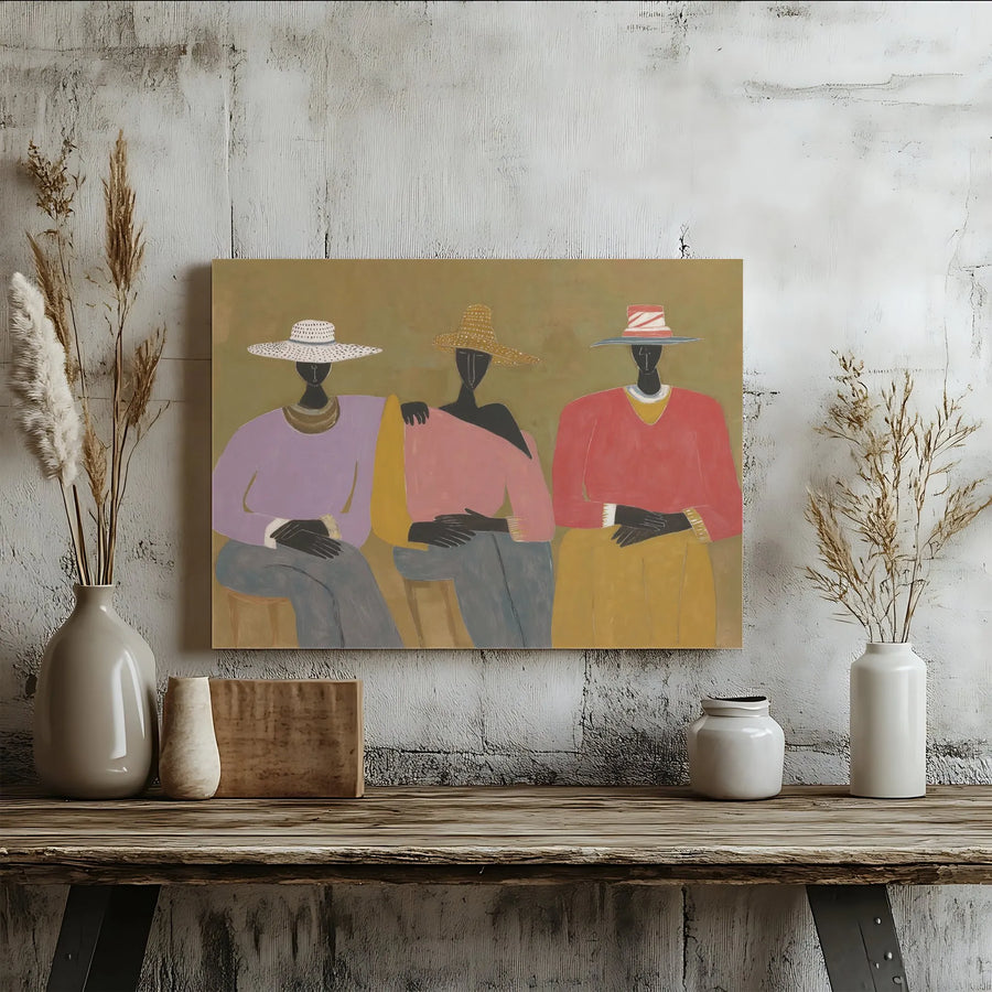 Modern Abstract Figurative Canvas Art | Three Seated Women In Hats | Gallery Wrapped Premium Print | Boho Living Room Wall Decor