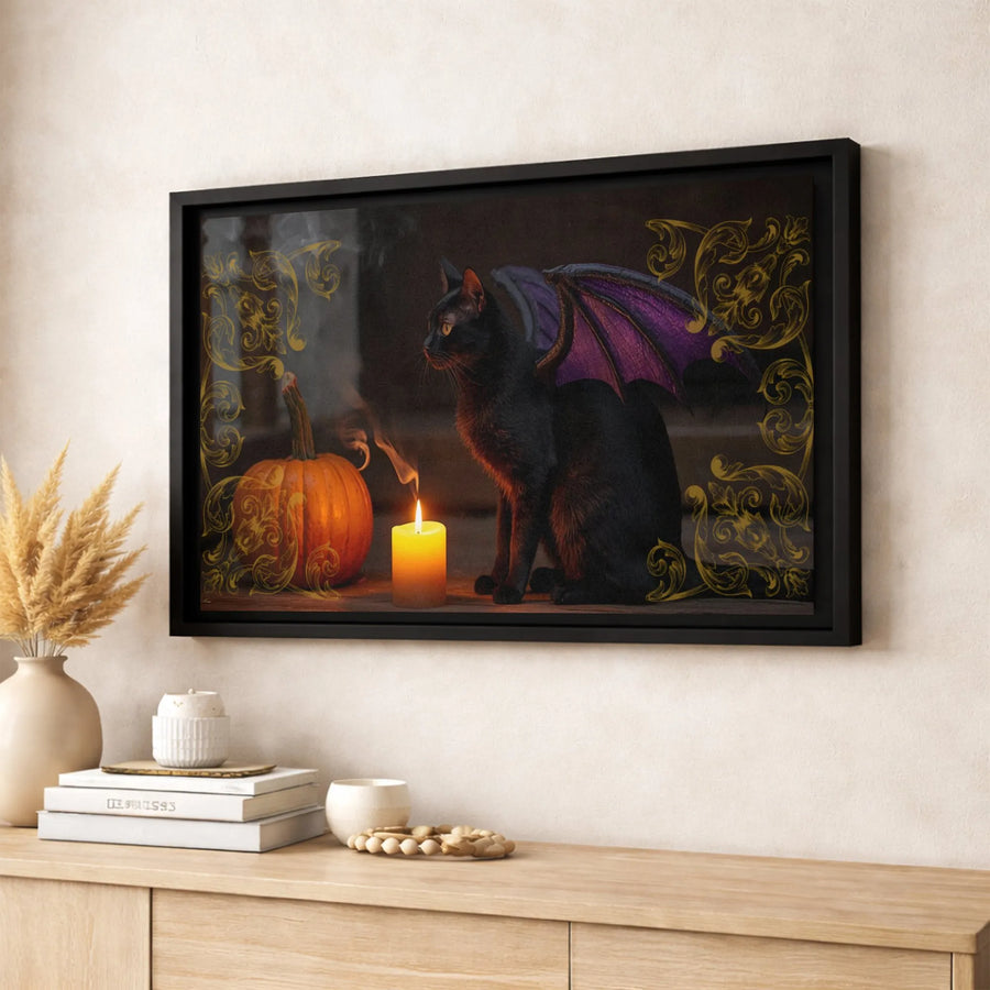 Halloween Black Cat Canvas Art | Purple Dragon Wings & Pumpkin Design | Premium Fade-Resistant Print | Spooky Gothic Home Decor Gift