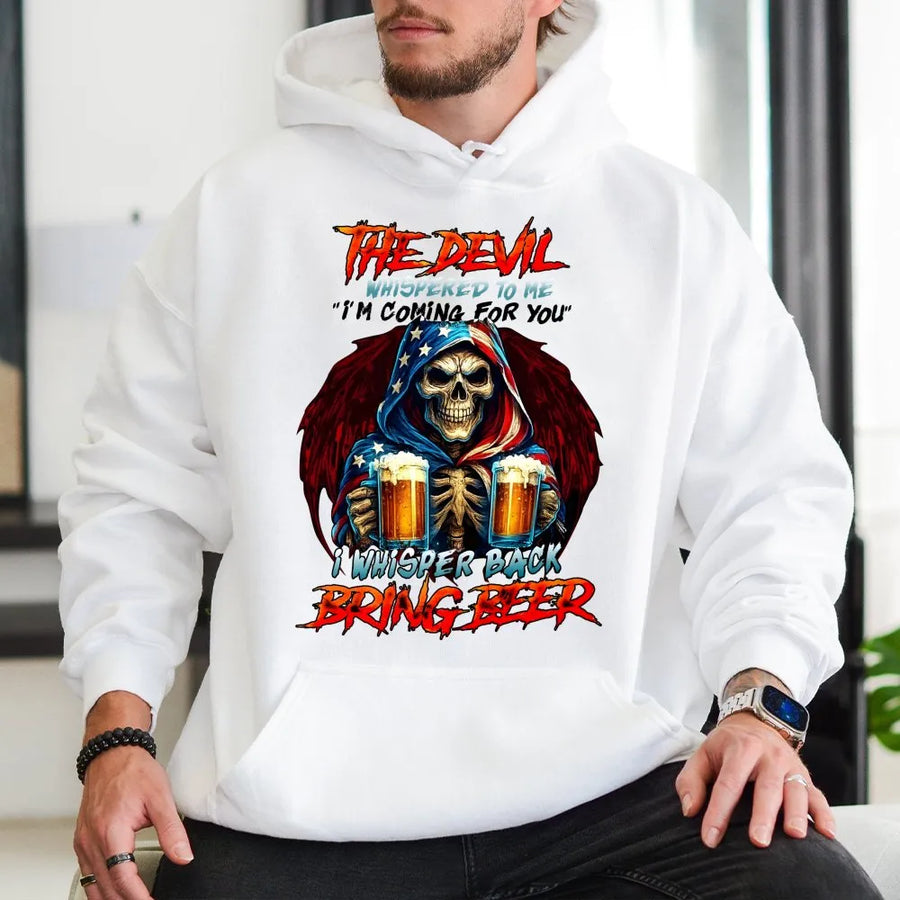 The Devil Whispered To Me Bring Beer Hoodie | Patriotic USA Flag Grim Reaper Design | Premium Cotton Blend | Funny Drinking Gift For Beer Lovers