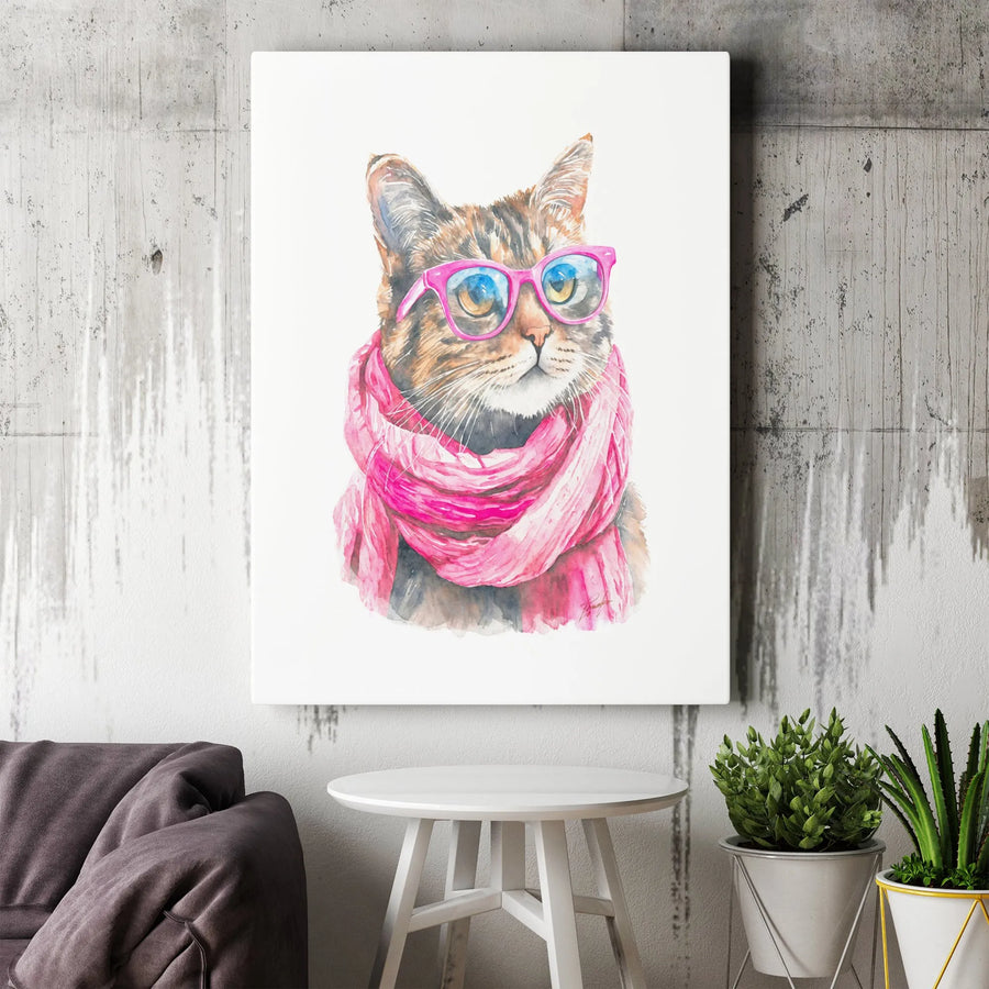 Watercolor Tabby Cat Canvas | Hipster Pet Art with Pink Glasses | Gallery-Quality 1.25-Inch Profile | Whimsical Animal Wall Decor Gift