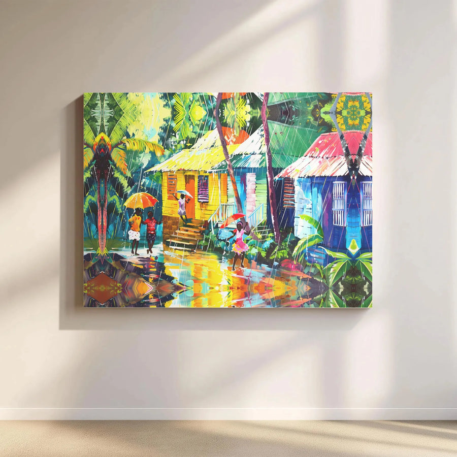 Tropical Rain Village Canvas Print | Vibrant Caribbean Street Art | Premium 1.25" Gallery Wrap | Colorful Home Decor Gift
