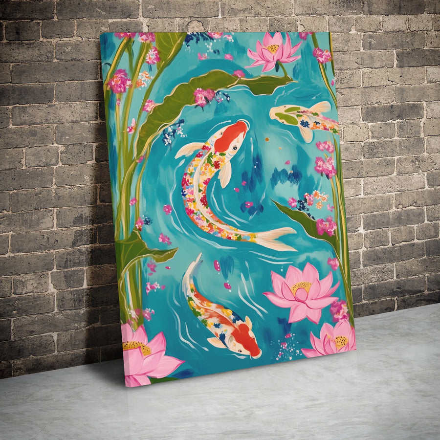 Koi Fish Canvas Wall Art | Vibrant Pink Lotus Floral Pond Painting | Gallery Wrapped Premium Decor | Nature Inspired Zen Home Gift